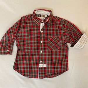 SOLD OUT.  D Mo Baby long sleeve button up red plaid w/ white contrast